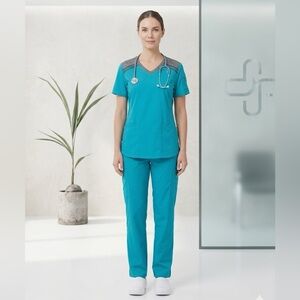 Dickies Medical Scrub Set Teal Grey V-Neck Top & Cargo Pants Large/Medium top